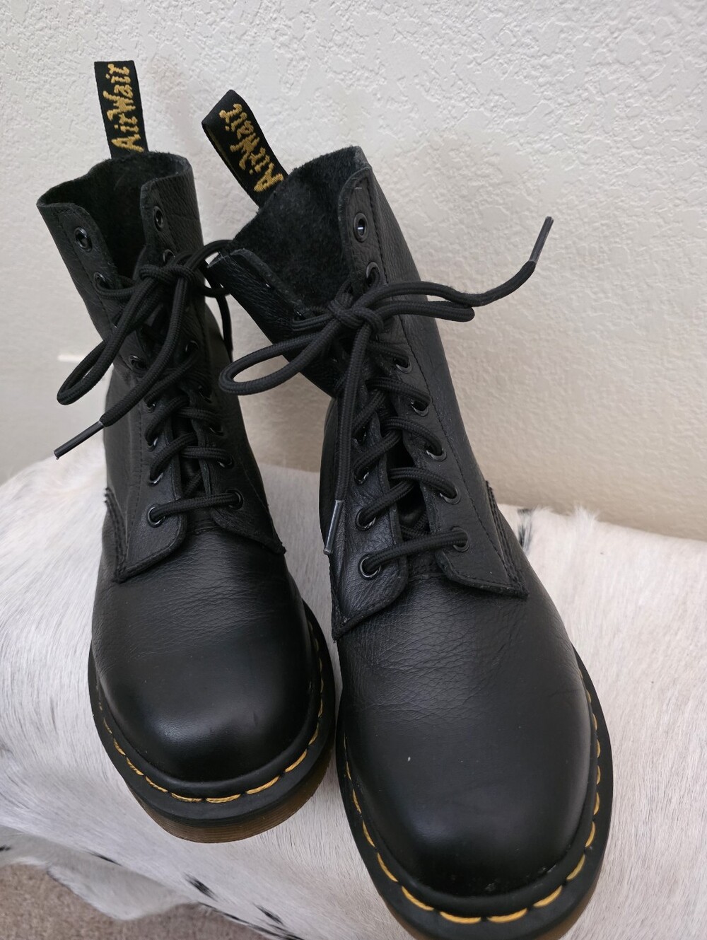 Dr. Martens Women's Black Lace-Up Leather Boots with Yellow Stitching